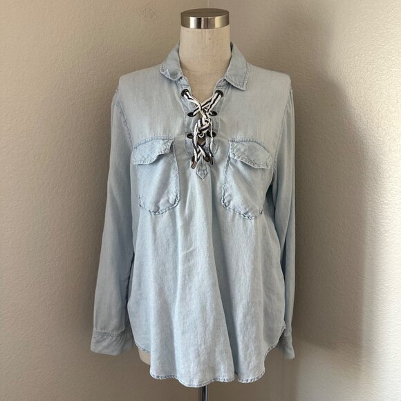Rails Matea Lace Up V Neck Shirt Spread Collar Linen Blend Vintage Blue Sz M - Picture 2 of 12